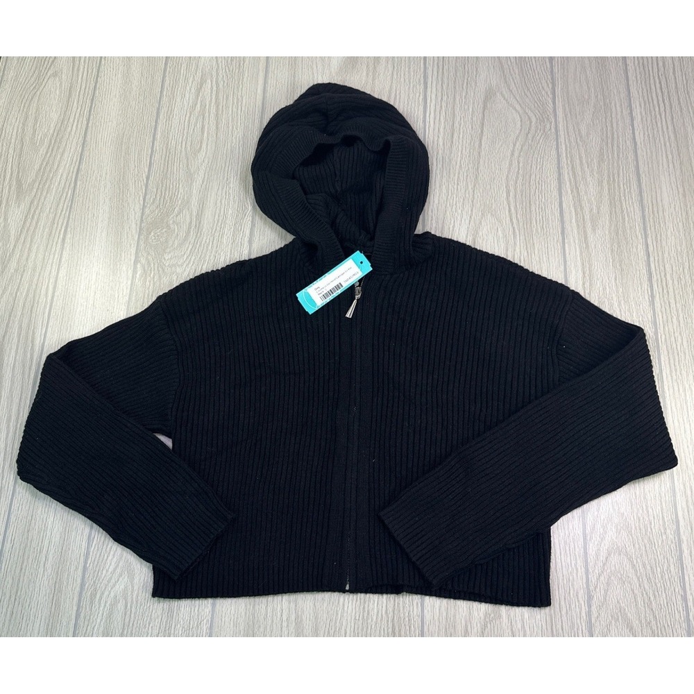 Only Cosma Ls Zip Hood Cardigan Black Ribbed Knit Hooded Sweater L Stitch Fix